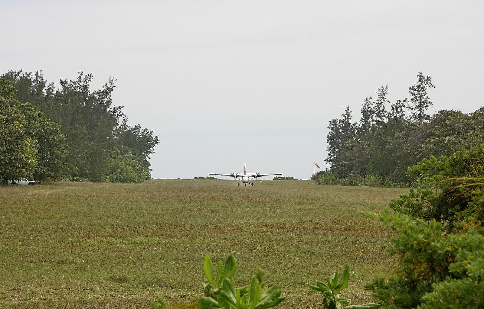 Et lille fly sætter ned på græsstriben på Denis Island i det sidste lys