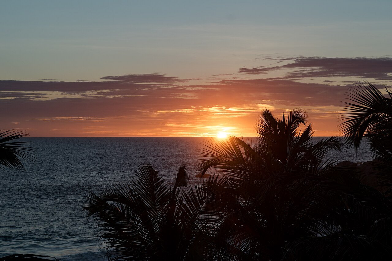 Solnedgang over havet ved Anse Intendance med palmer i silhuet